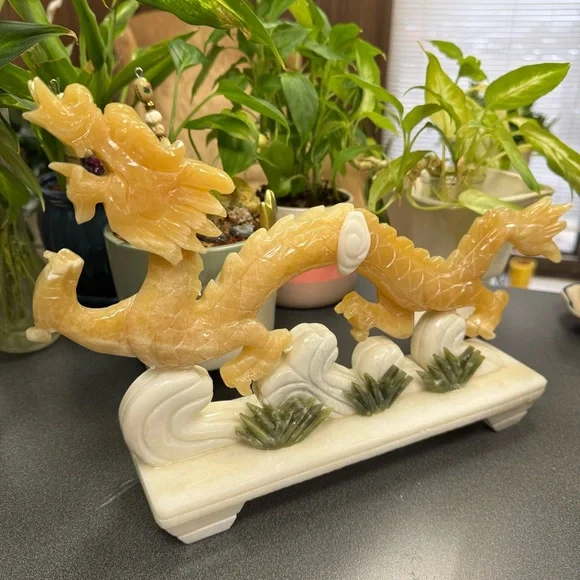 Yellow Jade Carved Stone Serpent Dragon Statue - Picture 4 of 13